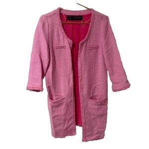 Zara Basic Pink Tweed Frayed Edge Longline Open Front Jacket Coat, Size M